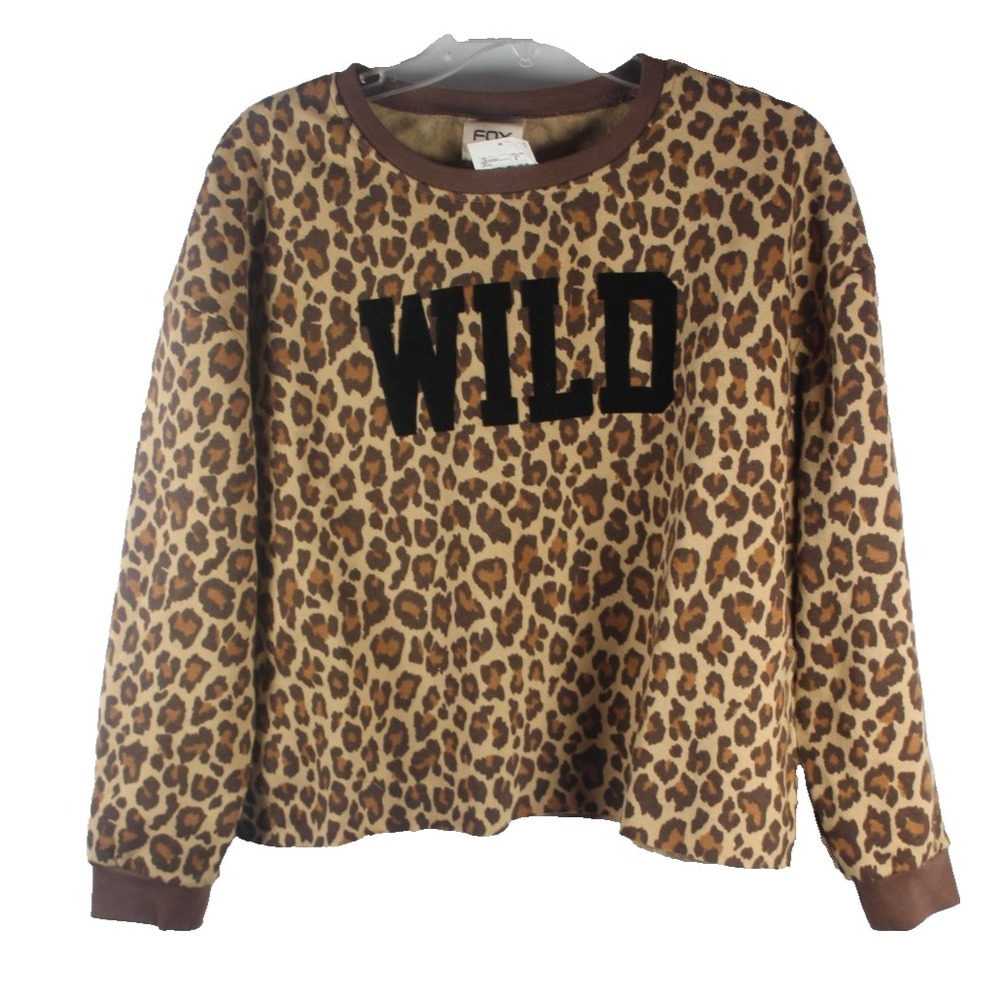 Fox Womens S/M Leopard Print WILD Top Brown Long Sleeve Cotton Round Neck Pullov